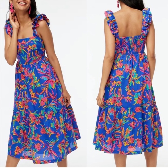 J. Crew Dresses & Skirts - J.Crew Factory Squareneck Midi Ruffled Brilliant Blue Dark Peony Dress